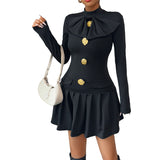 Sweet Pleated Long Sleeve Half Turtleneck Bowknot Short Dress
