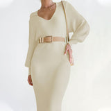 Long Lantern Sleeve Waist Cinching Long Knitted Sweater Dress