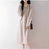 Relaxed Fit Long Sleeve Round Neck Thickened Straight Knee-Length Knit Dress