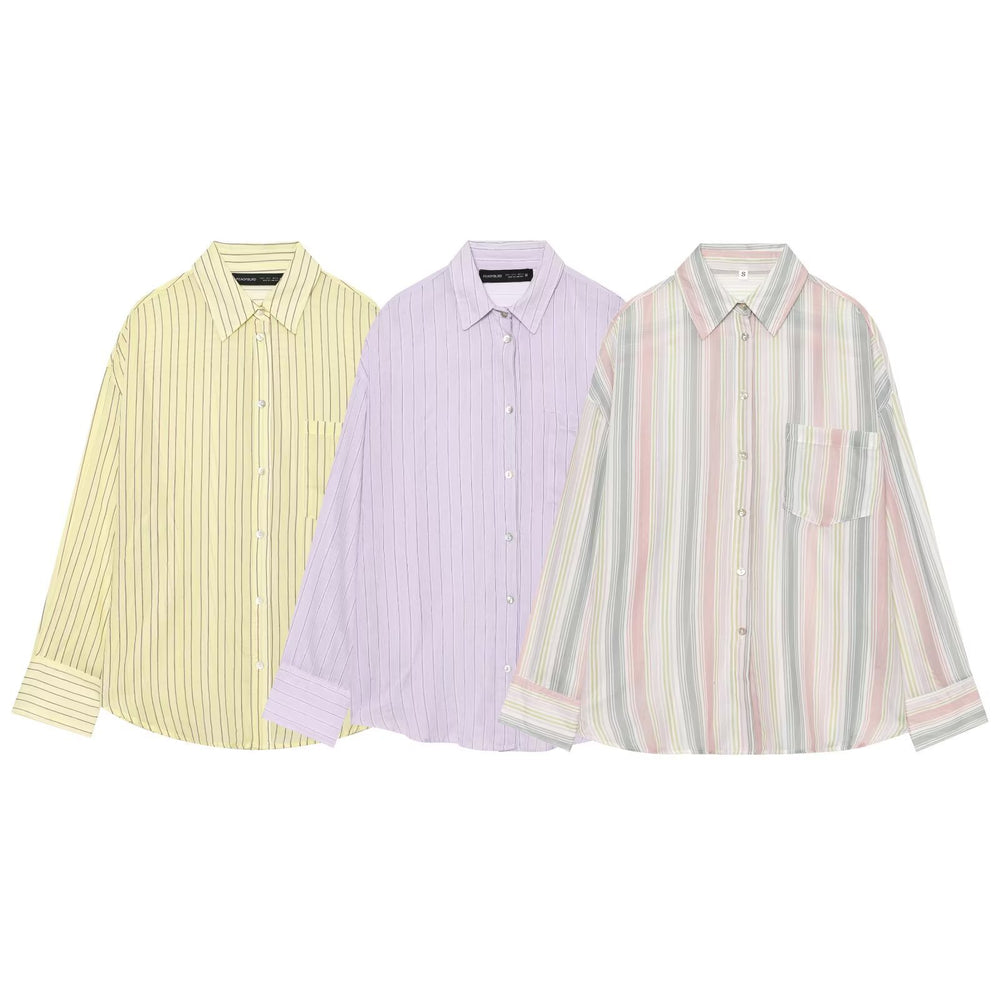 Single breasted lapel long sleeved striped shirt for women