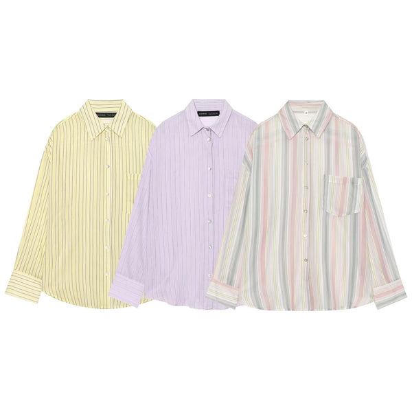 Single breasted lapel long sleeved striped shirt for women