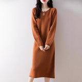 Relaxed Fit Long Sleeve Round Neck Thickened Straight Knee-Length Knit Dress