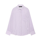 Single breasted lapel long sleeved striped shirt for women