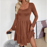 Elegant Textured Long Sleeve Square Neck Slimming Short Dress