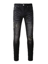 Trendy Distressed Graffiti Print Patched Stretch Denim Acid Wash Skinny Jeans