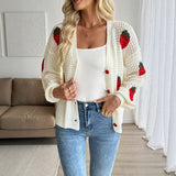 Women's Strawberry Jacquard Long Sleeve V-Neck Knit Cardigan