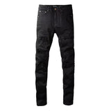 Men's Slim Fit Stretch Black Distressed Patch Vintage Jeans