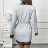 Women's Casual Striped Color Block Long Sleeve Mock Neck Tie Waist Sweater Dress