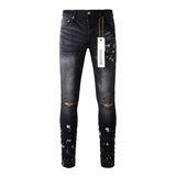 Men's Black Graffiti Splatter Distressed Skinny Jeans, Stretch Slim Fit Knee Cut-Out Denim Pants