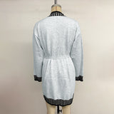 Women's Casual Striped Color Block Long Sleeve Mock Neck Tie Waist Sweater Dress