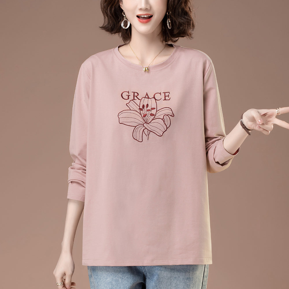 Round neck loose long sleeved T-shirt for women