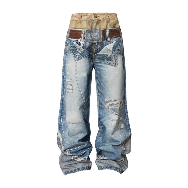 Vintage Color-Block Waist Straight Wide-Leg Denim Jeans