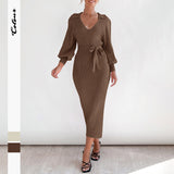 Long Lantern Sleeve Waist Cinching Long Knitted Sweater Dress