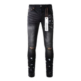 Men's Black Graffiti Splatter Distressed Skinny Jeans, Stretch Slim Fit Knee Cut-Out Denim Pants