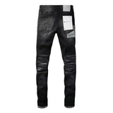 Men's Slim Fit Stretch Black Distressed Patch Vintage Jeans