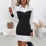 Casual Color Block Long Sleeve Pleated Shirt Short Dress