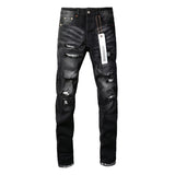 Men's Slim Fit Stretch Black Distressed Patch Vintage Jeans