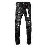 Men's Slim Fit Stretch Black Distressed Patch Vintage Jeans