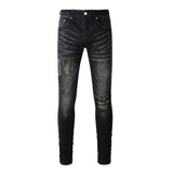 Trendy Distressed Graffiti Print Patched Stretch Denim Acid Wash Skinny Jeans