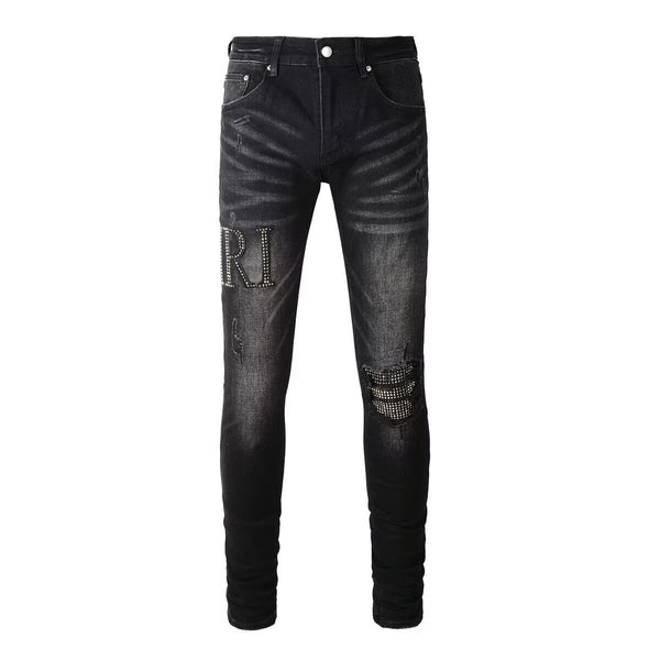 Trendy Distressed Graffiti Print Patched Stretch Denim Acid Wash Skinny Jeans