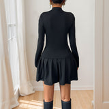 Sweet Pleated Long Sleeve Half Turtleneck Bowknot Short Dress