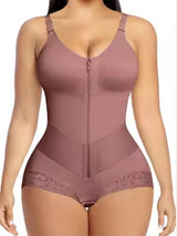 High Waist Lace Trim Shapewear Brief with Thin Straps, Front Zip Diagonal Elastic Waist