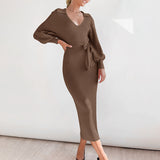 Long Lantern Sleeve Waist Cinching Long Knitted Sweater Dress