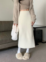 Women's High Waist Faux Mink Fur Side Slit Bodycon Midi Skirt for Petite