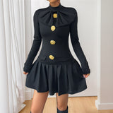 Sweet Pleated Long Sleeve Half Turtleneck Bowknot Short Dress