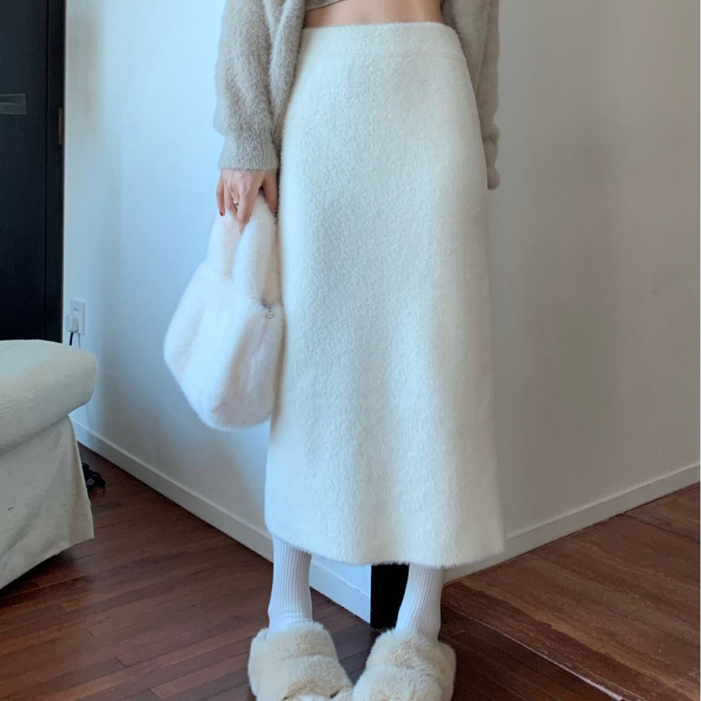 Women's High Waist Faux Mink Fur Side Slit Bodycon Midi Skirt for Petite