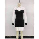 Casual Color Block Long Sleeve Pleated Shirt Short Dress