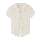 Lace button hollow short sleeved knitted sweater for women