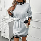 Women's Casual Striped Color Block Long Sleeve Mock Neck Tie Waist Sweater Dress
