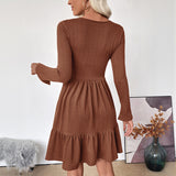 Elegant Textured Long Sleeve Square Neck Slimming Short Dress