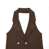 Button decoration corduroy neck hanging vest for women