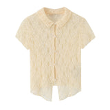 Lace button hollow short sleeved knitted sweater for women