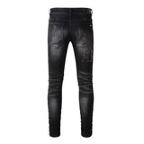Trendy Distressed Graffiti Print Patched Stretch Denim Acid Wash Skinny Jeans