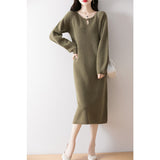 Relaxed Fit Long Sleeve Round Neck Thickened Straight Knee-Length Knit Dress