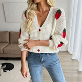 Women's Strawberry Jacquard Long Sleeve V-Neck Knit Cardigan