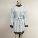 Women's Casual Striped Color Block Long Sleeve Mock Neck Tie Waist Sweater Dress