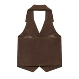 Button decoration corduroy neck hanging vest for women
