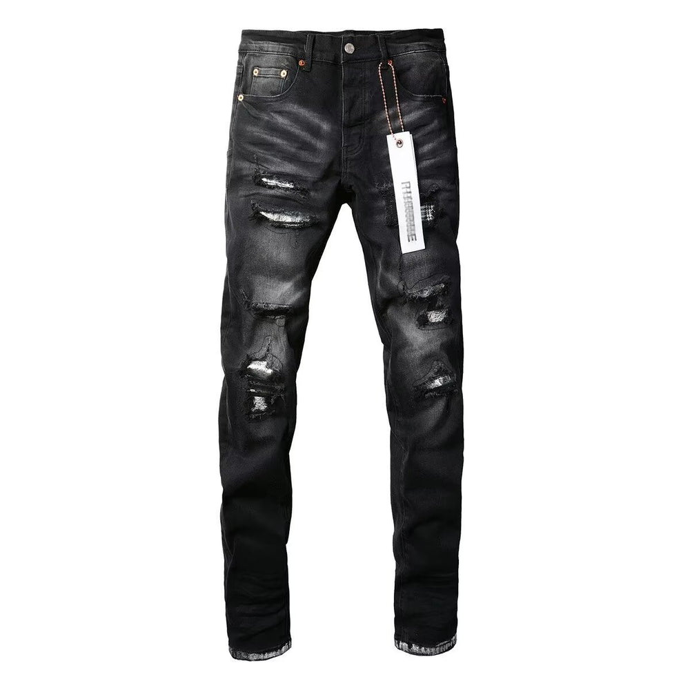 Men's Slim Fit Stretch Black Distressed Patch Vintage Jeans