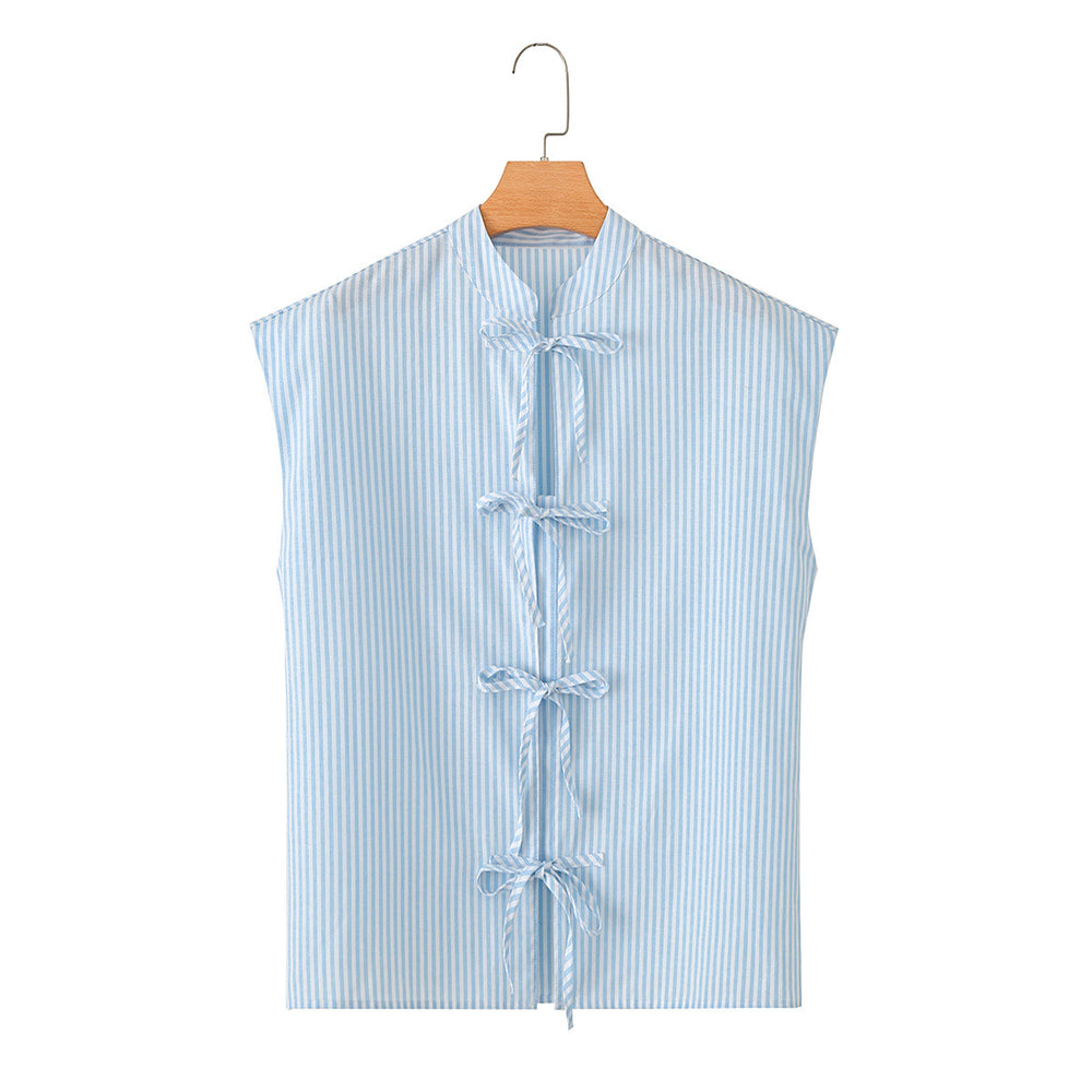 Casual bow tie sleeveless striped shirt for women
