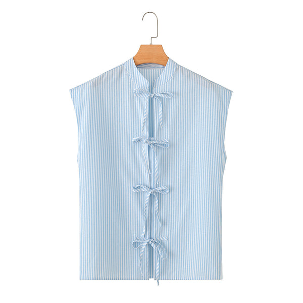 Casual bow tie sleeveless striped shirt for women