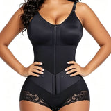 High Waist Lace Trim Shapewear Brief with Thin Straps, Front Zip Diagonal Elastic Waist