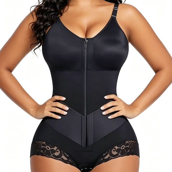 High Waist Lace Trim Shapewear Brief with Thin Straps, Front Zip Diagonal Elastic Waist