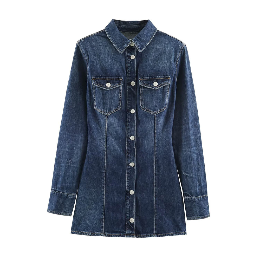 Single breasted flip tie shoulder padded denim dress for women