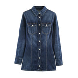 Single breasted flip tie shoulder padded denim dress for women