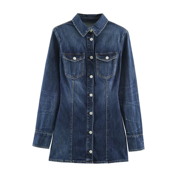 Single breasted flip tie shoulder padded denim dress for women