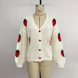 Women's Strawberry Jacquard Long Sleeve V-Neck Knit Cardigan